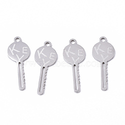 201 Stainless Steel Pendants, Laser Cut, Key, Stainless Steel Color, 20x8x1mm, Hole: 1.4mm(STAS-N091-74)