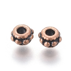 Tibetan Style Spacer Beads, Lead Free, Cadmium Free and Nickel Free, Flat Round, Red Copper Color, 5mm in diameter, 3mm thick, hole: 2mm(RLF11362Y-NF)
