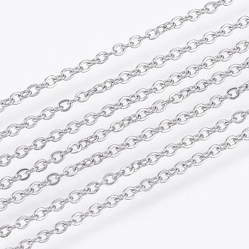 304 Stainless Steel Cable Chains, Soldered, Flat Oval, Stainless Steel Color, 1.6x1.3x0.3mm