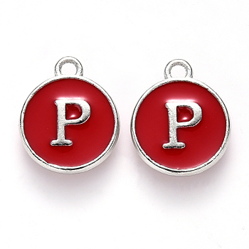 Platinum Plated Alloy Enamel Charms, Cadmium Free & Lead Free, Enamelled Sequins, Flat Round with Letter, Red, Letter.P, 14x12x2mm, Hole: 1.5mm
