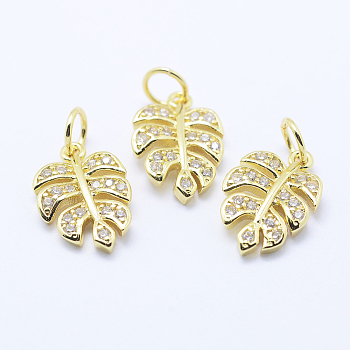 Brass Micro Pave Cubic Zirconia Charms, Tropical Leaf Charms, Monstera Leaf, Lead Free & Nickel Free & Cadmium Free, Golden, 14x9.5x2mm, Hole: 3mm