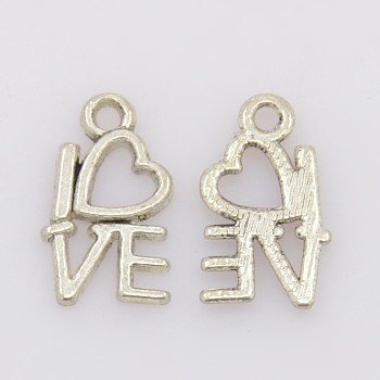 Valentine Gifts Ideas Tibetan Style Alloy Pendants, Lead Free and Cadmium Free, Heart with Love, Antique Silver, 14.5x8mm, Hole: 1mm