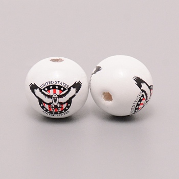 Wooden Beads, Painted with Independence Day Pattern, Round with Eagle, Black, 20mm, Hole: 4mm