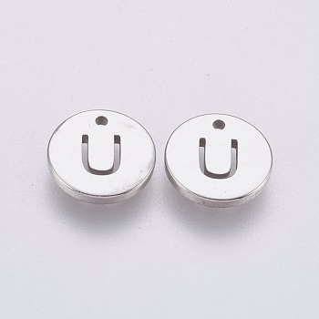 304 Stainless Steel Charms,  Flat Round with Letter, Stainless Steel Color, Letter.U, 10x1mm, Hole: 1mm