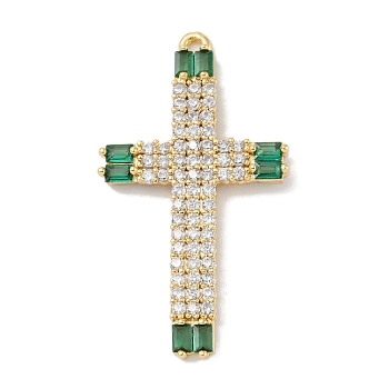 Rack Plating Brass Micro Pave Cubic Zirconia Pendants, Long-Lasting Plated, Lead Free & Cadmium Free, Real 18K Gold Plated, Cross, Green, 37x20.5x3mm, Hole: 1mm