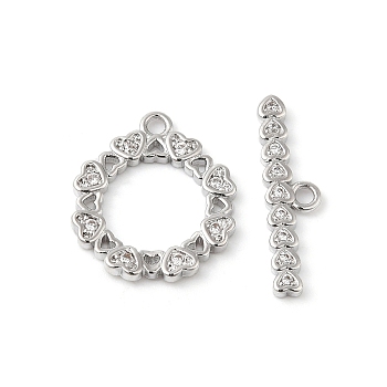 Brass Pave Clear Cubic Zirconia Toggle Clasps, Heart, Real Platinum Plated, Ring: 16x14x1.5mm, Hole: 1.4mm, Bar: 18.5x5x1.5mm, Hole: 1.4mm