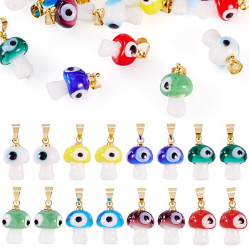16Pcs 8 Colors Handmade Lampwork Pendants, Mushroom, with Rack Plating Brass Findings, Long-Lasting Plated, Golden, Mixed Color, 16~17x9.5~10.5mm, Hole: 4.5x3.5mm, 2pcs/color