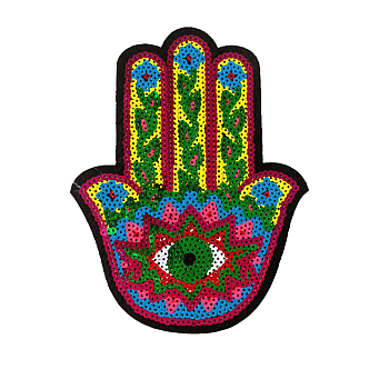 Hamsa Hand with Evil Eye Computerized Embroidery Cloth Iron on/Sew on Sequin Patches, Costume Accessories, Colorful, 200x160mm
