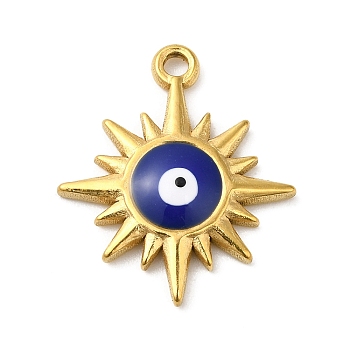 Real 18K Gold Plated 304 Stainless Steel Pendants, with Enamel, Sun with Evil Eye Charm, Medium Blue, 21x18x3mm, Hole: 1.6mm