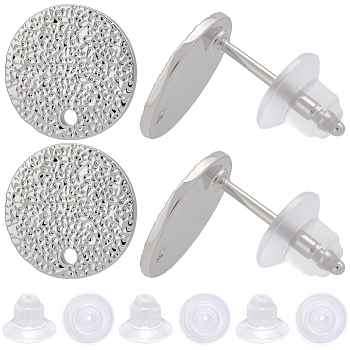 32Pcs Hammered Brass Stud Earring Findings, Flat Round, Nickel Free, 40Pcs Plastic Ear Nuts, Real Platinum Plated, 10mm, Hole: 1mm, Pin: 0.8~0.9mm