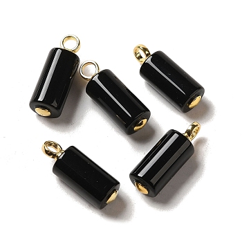 Natural Black Onyx(Dyed & Heated) Pendants, Column Charms with Real 18K Gold Plated Brass Pendant Bails, 22~23x8~8.5mm, Hole: 3.3mm