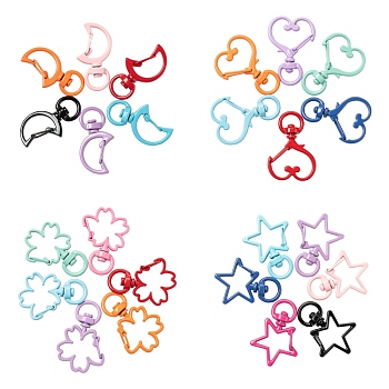 40Pcs 4 Style Spray Painted Alloy Swivel Snap Hooks Clasps, Star & Moon & Flower & Heart, Mixed Color, 34~35.5x19~24.5x6~6.5mm, Hole: 5x9mm, 10pcs/style