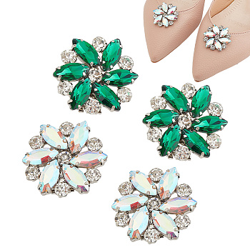 4Pcs 2 Colors Iron Shoe Buckle Clips, Flower Glass Rhinestone Shoe Decoration, Mixed Color, 34~35x10mm, 2pcs/color