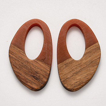 Resin & Walnut Wood Pendants, Waxed, Brown, 39x23x3~4mm, Hole: 20x10mm
