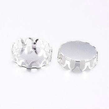 Brass Lace Edge Bezel Cups, Cabochon Settings, Cadmium Free & Lead Free, Flat Round, Silver Color Plated, Tray: 10mm