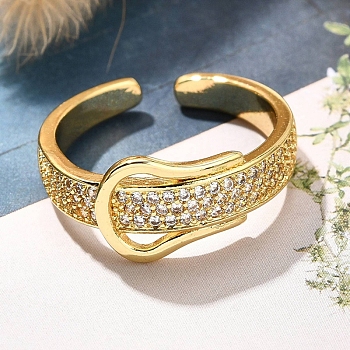 Rack Plating Brass Micro Pave Clear Cubic Zirconia Cuff Finger Rings for Women, Long-Lasting Plated, Belt, Real 18K Gold Plated, 9mm