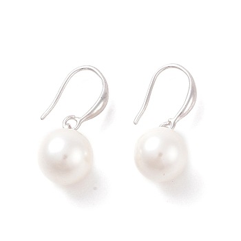 Shell Pearl Dangle Earrings, with Brass Earring Hooks, Round, Platinum, 27mm, Pin: 0.9mm