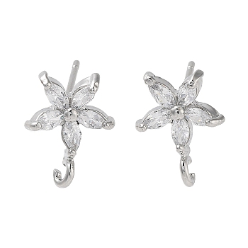 Brass Micro Pave Cubic Zirconia Studs Earring Findings, Long-Lasting Plated, Lead Free & Cadmium Free, Flower, Platinum, 13x10mm, Hole: 1.2mm, Pin: 11.5x0.6mm