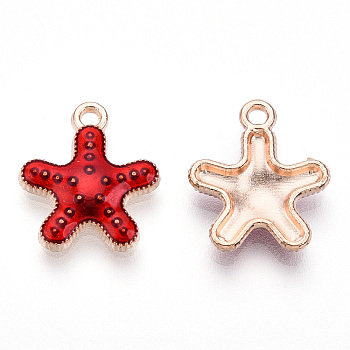 Alloy Enamel Pendants, Light Gold, Starfish/Sea Stars, FireBrick, 16x14x3mm, Hole: 1.5mm