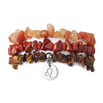 3Pcs 3 Styles Natural Red Aventurine & Red Jasper & Tiger Eye Chips Stretch Bracelets Sets, Stackbale Bracelets with 304 Stainless Steel Charms, Leo, Inner Diameter: 2-1/8 inch(5.5cm), 1Pc/style