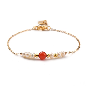 Natural Red Agate/Carnelian(Dyed & Heated) Beaded Bracelets, with Natural Pearl Beads, Brass Cable Chains & Beads & Charms, 304 Stainless Steel Lobster Claw Clasps, 7-1/4 inch~7-1/2 inch(18.5~19cm)