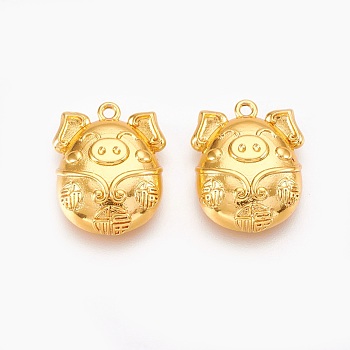 Brass Chinese Symbol Pendants, Luck Piggy with Chinese Characters, Golden, 18x14.5x5mm, Hole: 1.4mm