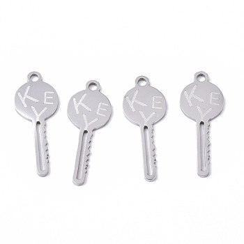 201 Stainless Steel Pendants, Laser Cut, Key, Stainless Steel Color, 20x8x1mm, Hole: 1.4mm
