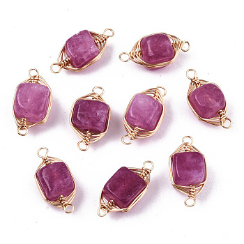 Natural Agate Links Connectors, Light Gold Tone Brass Wire Wrapped, Cube, Medium Orchid, 17x8.5x7mm, Hole: 1.6mm
