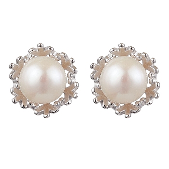 Natural Pearl Ear Studs, with Sterling Silver Findings, Round, Platinum, 11mm