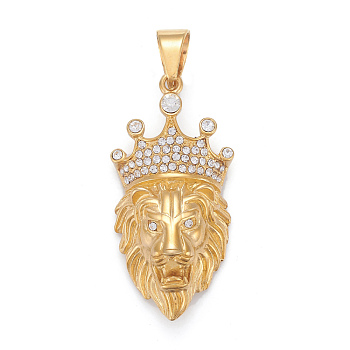 304 Stainless Steel Big Pendants, with Crystal Rhinestone, Lion Head with Crown, Golden, 55x27.5x15.5mm, Hole: 6x12mm