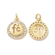 Rack Plating Brass Micro Pave Clear Cubic Zirconia Pendants, with Jump Ring, Cadmium Free & Lead Free, Long-Lasting Plated, Flat Round with Word Fe, Real 18K Gold Plated, 15.5x13x2mm,  Jump Ring: 5x1mm, Inner Diameter: 3mm(ZIRC-C042-02G)