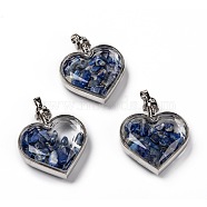 Glass Bottle Pendants, with Natural Lapis Lazuli Chips and Platinum Plated Alloy Findings, Heart, 40x32.5x11mm, Hole: 8x5mm(G-Z010-02L)