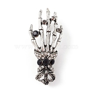Halloween Theme Rhinestone Skeleton Hand Brooch Pin, Alloy Badge for Backpack Clothing, Antique Silver, 48.5x21.5x11mm, Pin: 0.7mm(JEWB-F018-01AS)