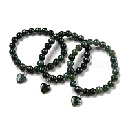 8.5mm Round Natural Moss Agate Beaded Stretch Bracelets, Heart Charm Bracelets with Brass Bails for Women, Inner Diameter: 2-1/8 inch(5.5cm)(BJEW-C074-01P)