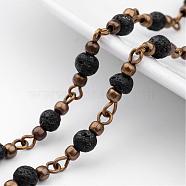 Handmade Round Lava Rock Beads Chains for Necklaces Bracelets Making, with Iron Eye Pin, Unwelded and Brass Spacer Beads, Antique Bronze, Black, 39.37 inch(1m)(AJEW-JB00244-01)