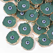 Druzy Resin Pendants, with Edge Light Gold Plated Iron Loops, Flat Round with Eye, Teal, 20~23x17~18x5mm, Hole: 1.8mm(X-RESI-S383-011B)