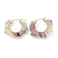 Natural Fluorite Chips Braided Hoop Earrings, 304 Stainless Steel Wire Wrap Jewelry for Women, 25~27x28~33x7~9mm, Pin: 0.6mm(EJEW-JE04940-02)