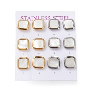 6 Pair 2 Color Square Natural Shell Stud Earrings, 304 Stainless Steel Earrings, Golden & Stainless Steel Color, 12x12mm, 3 Pair/color(EJEW-A024-01)