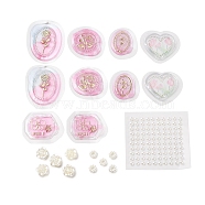 DIY Scrapbooking Tool Sets, Including Resin Wax Seal Stickers, Plastic Pearl Stickers and Flower Ring Plastic Beads, Pink, 34~44x26~36x1.5~2mm(DIY-P079-A02)