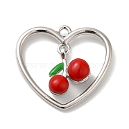Alloy Pendants, with Enamel, Heart with Cherry Charm, Platinum, 21.5x23x6mm, Hole: 1.6mm(FIND-H045-09P)