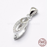 Rhodium Plated 925 Sterling Silver Micro Pave Cubic Zirconia Pendant Bails, Ice Pick & Pinch Bails, Leaf, Platinum, 15x5x7mm, Hole: 2x3mm, Pin: 1mm(X-STER-E053-35P)