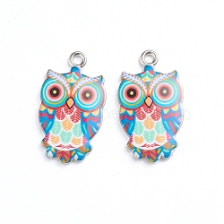 Alloy Enamel Pendants, Owl, Platinum, Deep Sky Blue, 23.5x13x2mm, Hole: 1.6mm, 2pcs/bag(ENAM-TAC0001-29C)