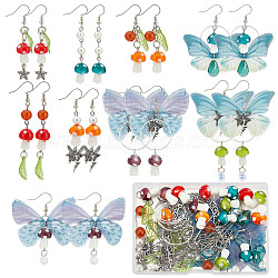 DIY Mushroom Earring Making Kit, Including Moon & Fairy & Flower Alloy Pendants, Butterfly Organza Fabric, Glass Pearl & Lampwork Beads, Iron Earring Hooks, Mixed Color, 180Pcs/box(DIY-SC0020-35)