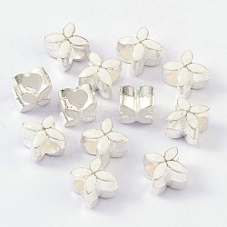 Alloy Enamel European Beads, Large Hole Beads, Flower, Silver Color Plated, White, 10x10x8mm, Hole: 5mm(X-MPDL-R006-06)