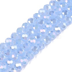 Electroplate Glass Beads Strands, Imitation Jade Beads, AB Color Plated, Faceted, Rondelle, Light Sky Blue, 6x5mm, Hole: 1mm, about 84~85pcs/strand, 16.34~16.54 inch(41.5~42cm)(EGLA-A044-J6mm-B03)