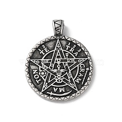 Wicca 304 Stainless Steel Pendants, Flat Round with Star Charm, Antique Silver, 44.5x35.5x7mm, Hole: 6x5mm(STAS-D014-11AS)