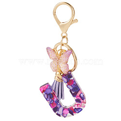 Resin Butterfly Pendant Keychains, with Suede Tassel Charms and Alloy Findings, for Car Key Bag Accessories, Golden, Blue Violet, Letter U, 105mm(KEYC-TAC0034-03U)