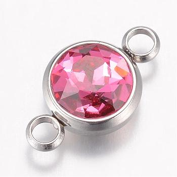 K9 Glass Links connectors, Faceted, with 304 Stainless Steel Findings, Flat Round, Stainless Steel Color, Rose, 17.5x10x6.5mm, Hole: 2.5mm