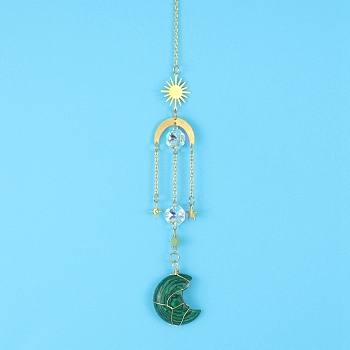 Malachite Moon Sun Catcher Hanging Ornaments, with Brass Star & Sun, for Home, Garden Decoration, 400mm