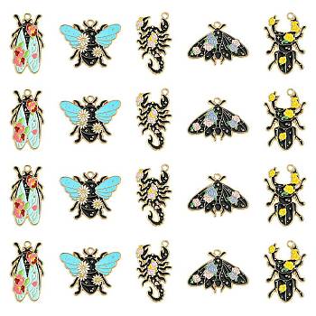 20Pcs 5 Styles Insect Series Alloy Enamel Pendants, Light Gold, Scorpion/Cicada/Butterfly/Beetle/Bees, Black, 22~31x18~30x1.5mm, Hole: 1.8mm, 4pcs/style